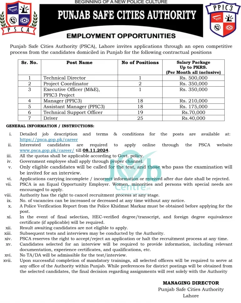 Punjab Safe Cities Authority Jobs 2024