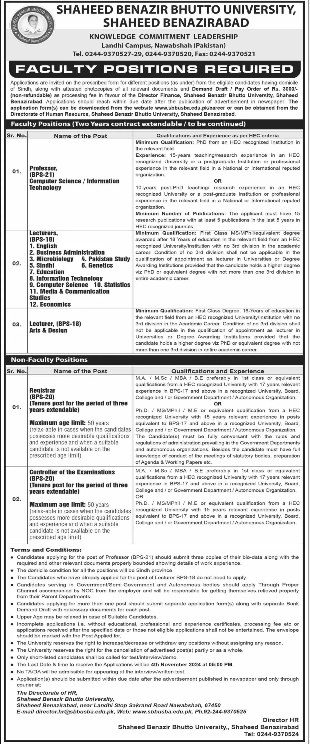 Shaheed Benazir Bhutto University Jobs 2024